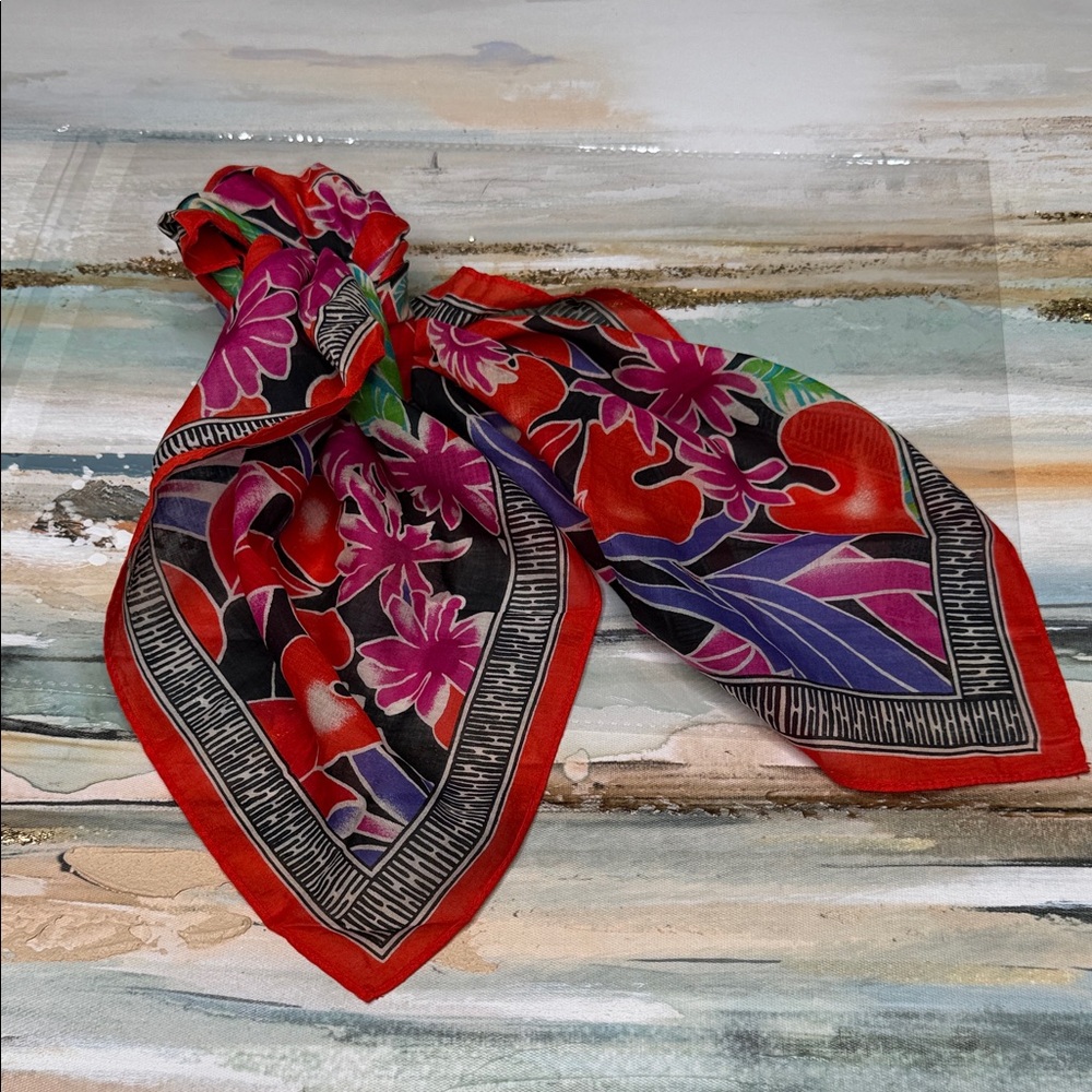 Vintage Liz Claiborne Red and Purple Floral Cotton Square Scarf